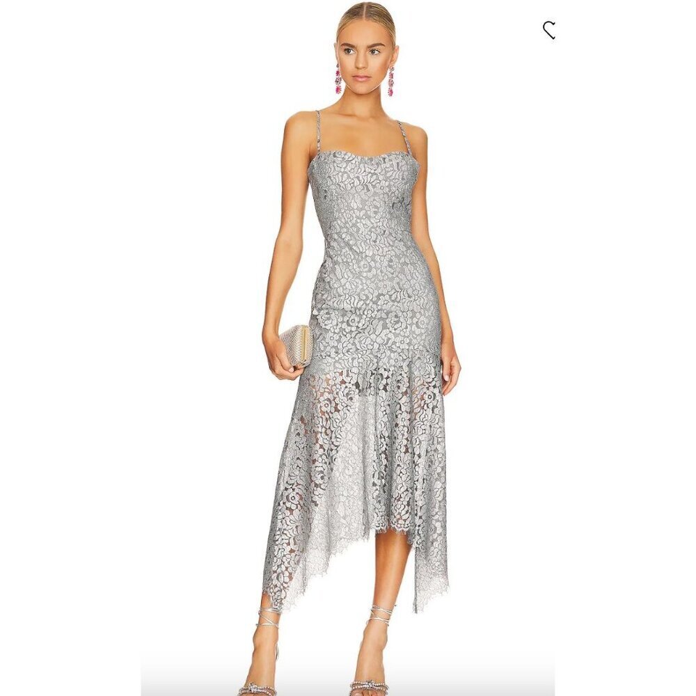 Karina Grimaldi NWT Issy Lace Midi Dress Metallic Silver Size XS